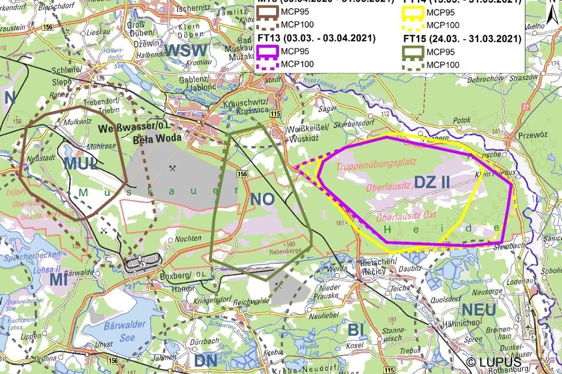 Bezeichnung der Wölfe: FT13 = &quot;Cora&quot;, FT14 = &quot;Rona&quot;, FT15 = &quot;Lea&quot;, MT8 = &quot;Peter&quot;; Abkürzung der Wolfsterritorien: MUL = Mulkwitz, NO = Nochten, DZ II = Daubitz II; MCP95 = 95 Prozent der genutzten Fläche, MCP100 = 100 Prozent der genutzten Fläche