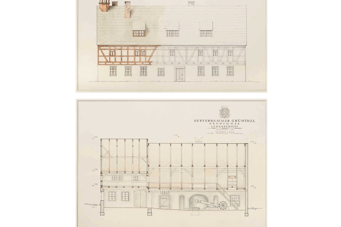 Aufriss der Ostfassade der Hüttenschänke und Längsschnitt durch den Neuhammer im Maßstab 1 : 50 aus einer studentischen Bauaufnahme an der Technischen
Hochschule Dresden mit 22 Blatt, 1952, Quelle: Landesamt für Denkmalpflege Sachsen, Plansammlung Inv. Nr. Olbernhau 233 und 209