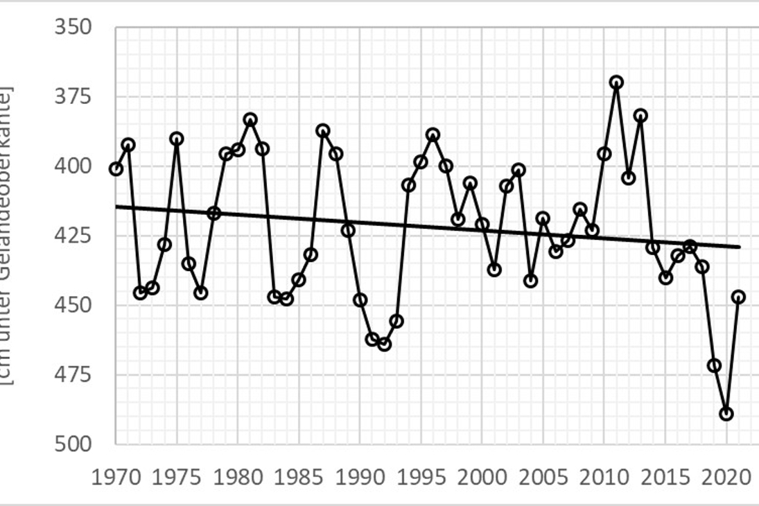 Die Grafik zeigt den Jahresmittelwert der Grundwasserstände von 106 repräsentativen Messstellen in ganz Sachsen mit linearem Trend im Zeitraum von 1970 bis 2021 (Abflussjahr von 01.11. bis 31.10.; vereinzelt Fehljahre).