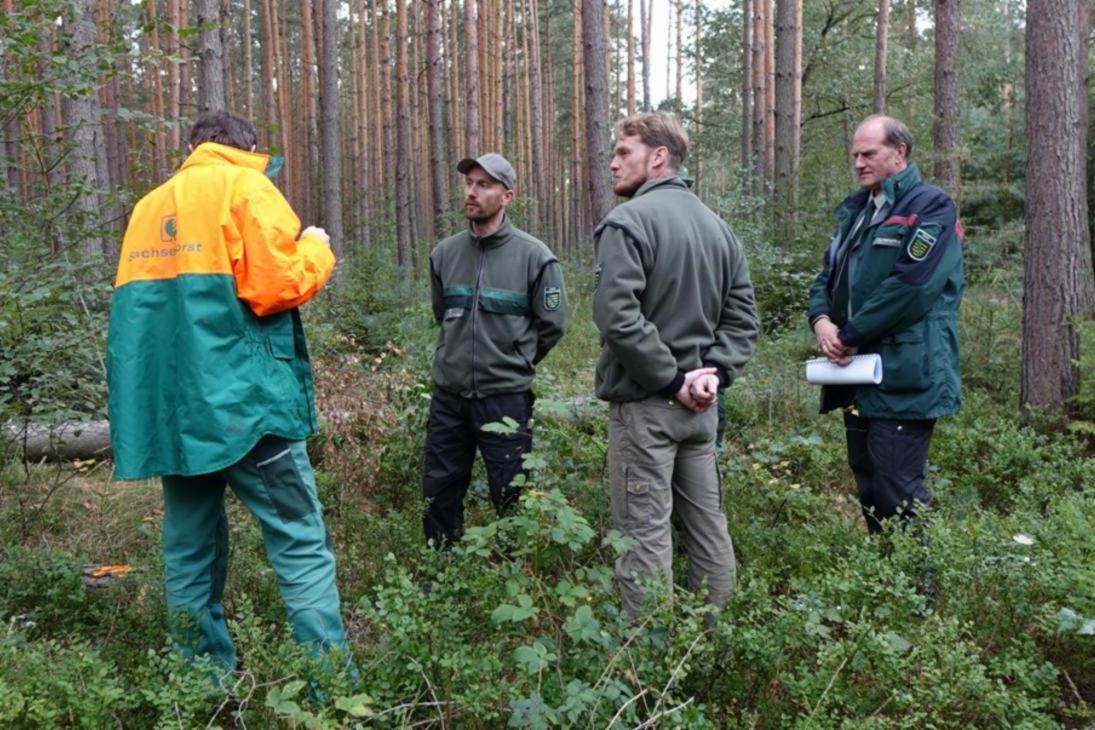 Ein Forstinspektoranwärter mit Ausbildern im Wald