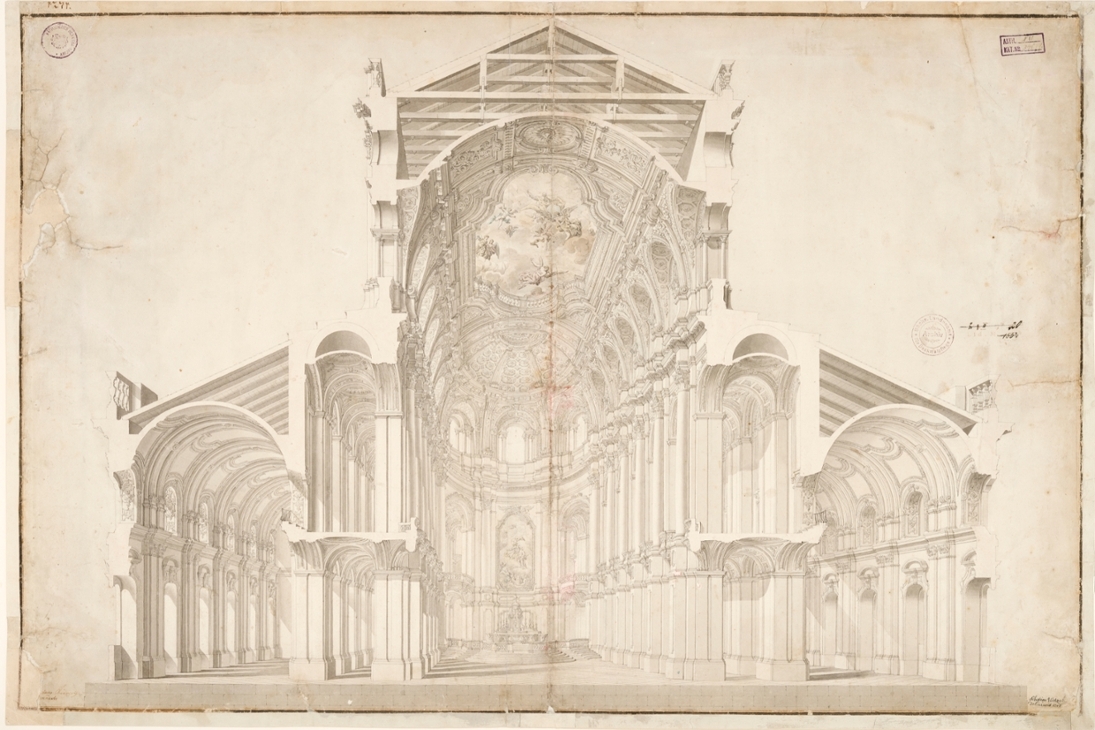 Sebastian Wetzel (erwähnt 1745 - 1750 Dresden) nach Gaetano Chiaveri (16891770), Dresden, Katholische Hofkirche, Entwurf für die Innenraumgestaltung, perspektivischer Querschnitt, 1747, Quelle: Landesamt für Denkmalpflege Sachsen, Plansammlung, Inv. Nr. M 2. IIa. Bl.20r.

Das Bild ist nur im Zusammenhang mit der Berichterstattung zur Ausstellung rechtefrei verfügbar.