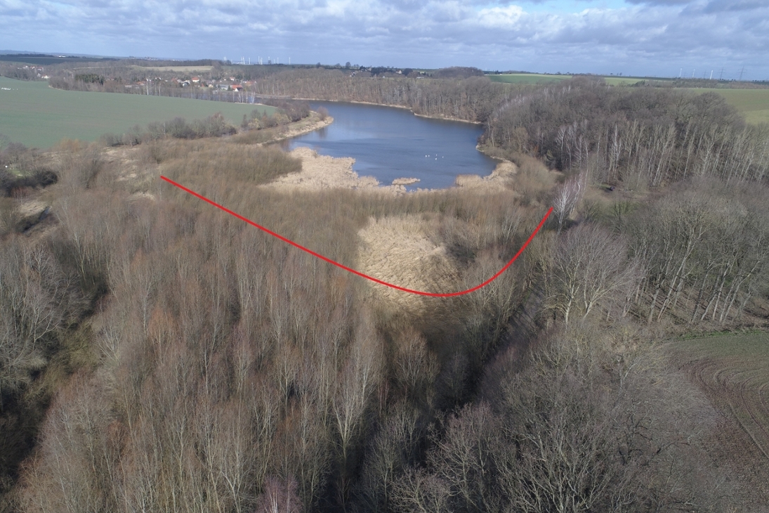 Talsperre Baderitz, Blick über die Stauwurzel Richtung Staumauer - Linie skizziert die Grenze der geplanten Beräumung hin zur Wasserfläche