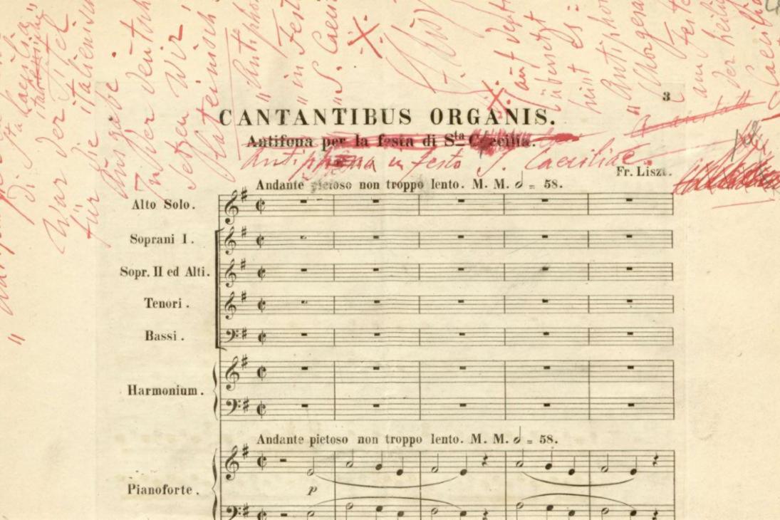 Korrekturabzug des Musikverlags C. F. Kahnt zu Franz Liszt: Cantantibus organis (Ausschnitt, mit eigenhändigen Korrekturen und Unterschrift von Franz Liszt) 
Leipzig / Weimar, November 1880