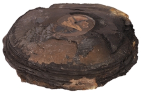 Foto: Ineinander geschmolzene Schallplatten aus der kriegszerstörten Gaststätte „Goldener Anker“ in der Chemnitzer Johannisvorstadt.