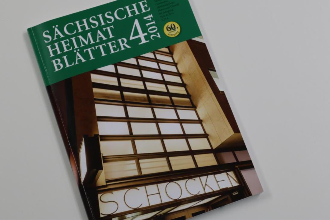 Auf dem Cover der Sächsischen Heimatblätter Band 4/2014 ist das Treppenhaus des Kaufhaus Schocken abgebildet.