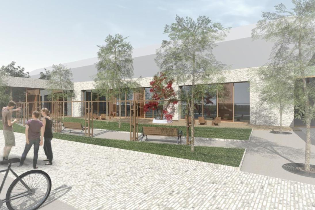 Visualisierung zum Neubau einer Tagesklinik des SKH Altscherbitz in Markranstädt, Pressemeldung SIB, hier Hofansicht