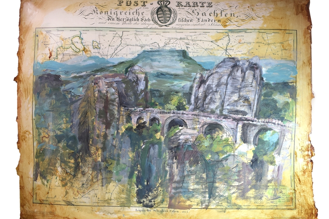 Für ihre Ausstellung im GeoSN hat sich die Künstlerin Mandy Hegewald speziell in die Materie der Vermessungsverwaltung eingearbeitet. Auf historischen Karten verewigt sie Sehenswürdigkeiten, Burgen und Ruinen in Tusche, Acryl und Pastell. Dabei entstehen ganz besondere Werke, die auf spezielle Weise mit dem Ausstellungsort am Olbrichtplatz harmonieren.