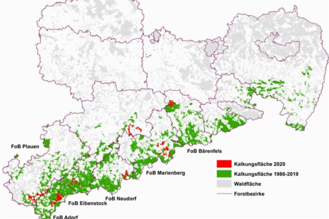 Übersicht zu den diesjährigen und für 2020 geplante Flächen der Bodenschutzkalkung in den Forstbezirken von Sachsenforst