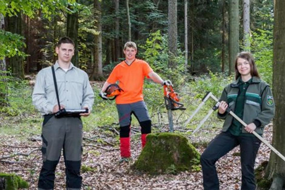 Drei Jugendliche im Wald mit für grüne Berufe typischen Arbeitsgeräten