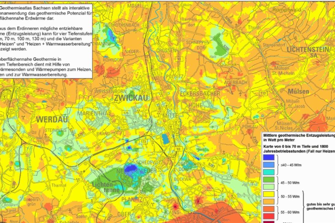 Die Karte zeigt das Erdwärmepotential in der Region Zwickau