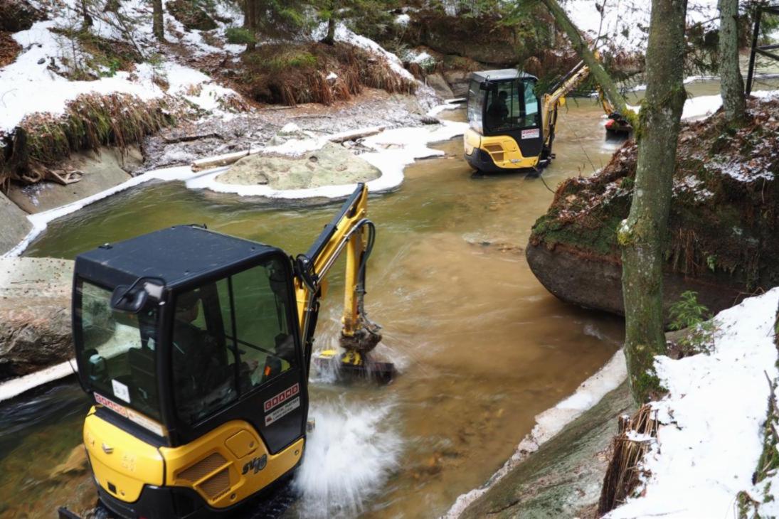 In der Oberen Schleuse in Hinterhermsdorf wurden rund 285 Kubikmeter Sedimente abgetragen und in Bereiche mit großen Sohlausspülungen in der Kirnitzsch wieder eingebaut.