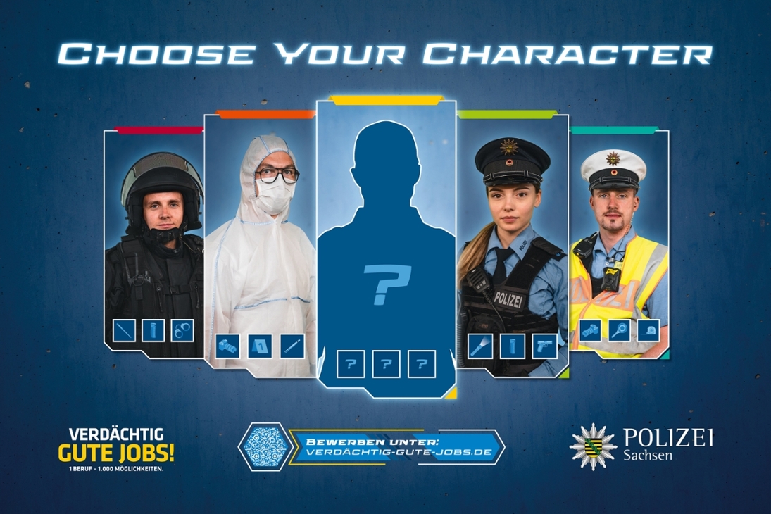 Nachwuchskampagne der Polizei Sachsen Verdächtig gute Jobs: Choose your character!