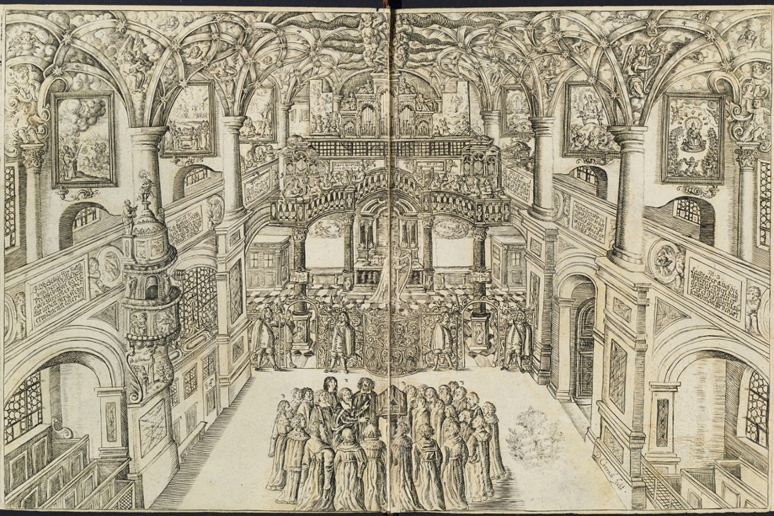 Dresdner Schloßkapelle mit Heinrich Schütz im Kreise der Kantorei. Titelkupfer zu Geistreiches Gesangbuch 1676 von David Conrad
