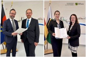 Foto: Im Bild links: Wissenschaftsminister Sebastian Gemkow überreicht Dr. Michael Schmischke die Ernennungsurkunde als neuer Kanzler der HfM Dresden
im Bild rechts: Wissenschaftsstaatssekretärin Prof. Heike Graßmann überreicht Dr. Claudia Schlüter die Ernennungsurkunde als neue Kanzlerin der HMT Leipzig