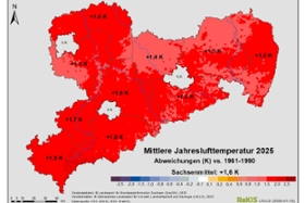 Foto: Mittlere Jahreslufttemperatur 2025 (Abweichungen im Vergleich zur Referenzperiode 1961-1990)