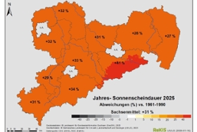 Foto: Sonnenscheindauer 2025 (Abweichungen im Vergleich zur Referenzperiode 1961-1990)