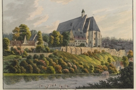 Foto: Blick auf den Schlossberg Chemnitz, kolorierte Radierung, 1812