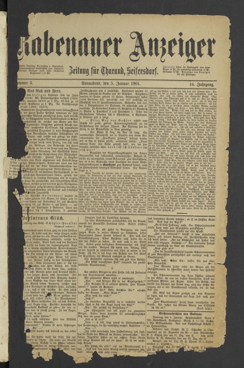 LDP: Ausgabe des "Rabenauer Anzeigers" vom 5.1.1901 aus der Sammlung des Deutschen Stuhlbaumuseums Rabenau