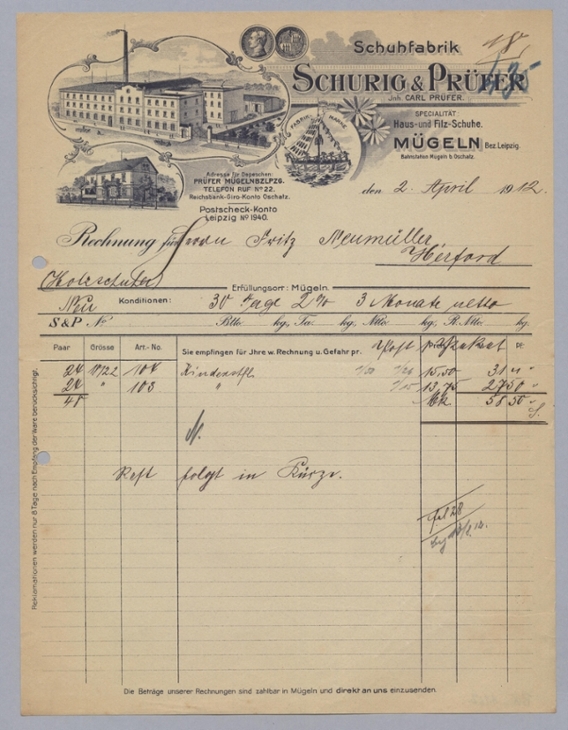 LDP: Historischer Firmenbriefkopf der Schuhfabrik Schurig &amp; Prüfer in Mügeln von 1912 aus der Sammlung des Sächsischen Wirtschaftsarchivs e. V.