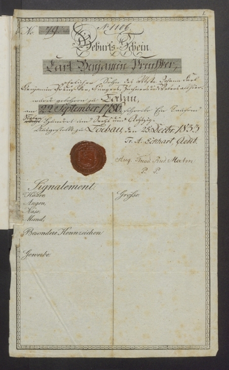LDP: Geburtsschein Carl Benjamin Preuskers von 1786 aus den biographischen Schriften Preuskers aus der Sammlung der Karl-Preusker-Bücherei Großenhain
