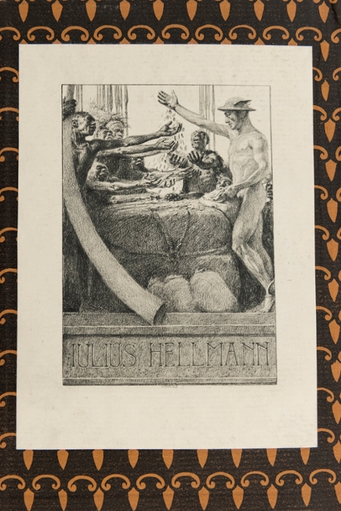 Das Exlibris von Julius Hellmann, das in den Bänden der SLUB Dresden und der ZLB Berlin identifiziert wurde – mit Beschriftung „Julius Hellmann“