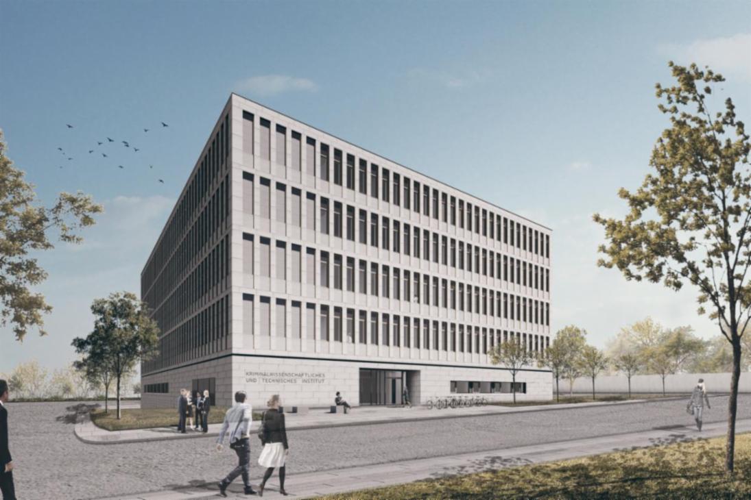 Das hochmoderne Gebäude des Kriminalwissenschaftlichen und –technischen Instituts des Landeskriminalamtes Sachsen.
Diese Visualisierung ist rechtefrei verwendbar.