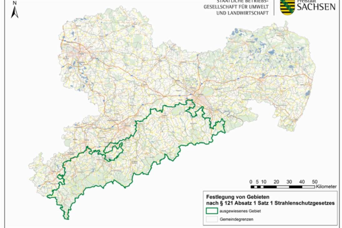 Geografische Darstellung der ausgewiesenen Radonvorsorgegebiete. Erstellt von der Staatlichen Betriebsgesellschaft für Umwelt und Landwirtschaft.