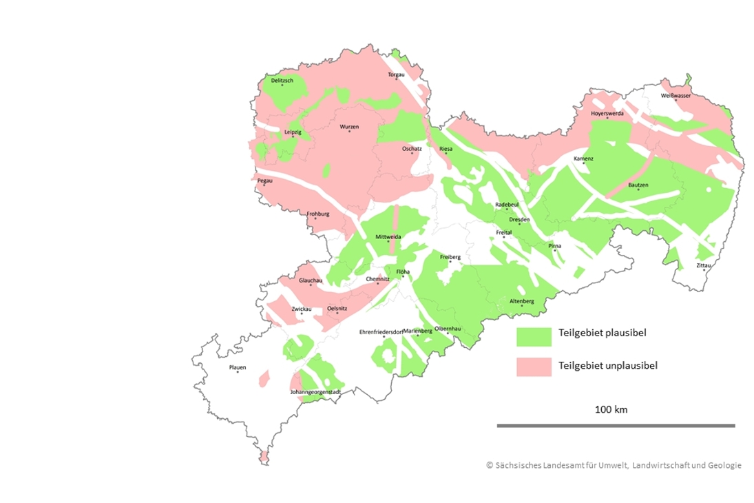 Die Karte zeigt das Ergebnis der Prüfung des „Zwischenberichts Teilgebiete gemäß § 13 Standortauswahlgesetz&quot; durch das LfULG:
Grüne Flächen zeigen Regionen, in denen die Ausweisung als Teilgebiet fachlich plausibel ist. Rosa Flächen zeigen Regionen, in denen die Ausweisung als Teilgebiet fachlich unplausibel ist.
