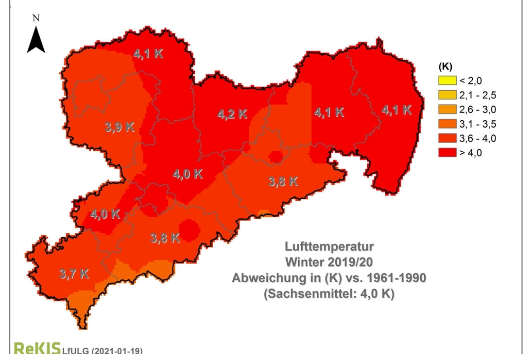 Die Karte zeigt die Abweichung der durchschnittlichen Lufttemperatur im Winter 2019/2020 in Sachsen im Vergleich zur Klimareferenzperiode 1961-1990 nach Landkreisen.