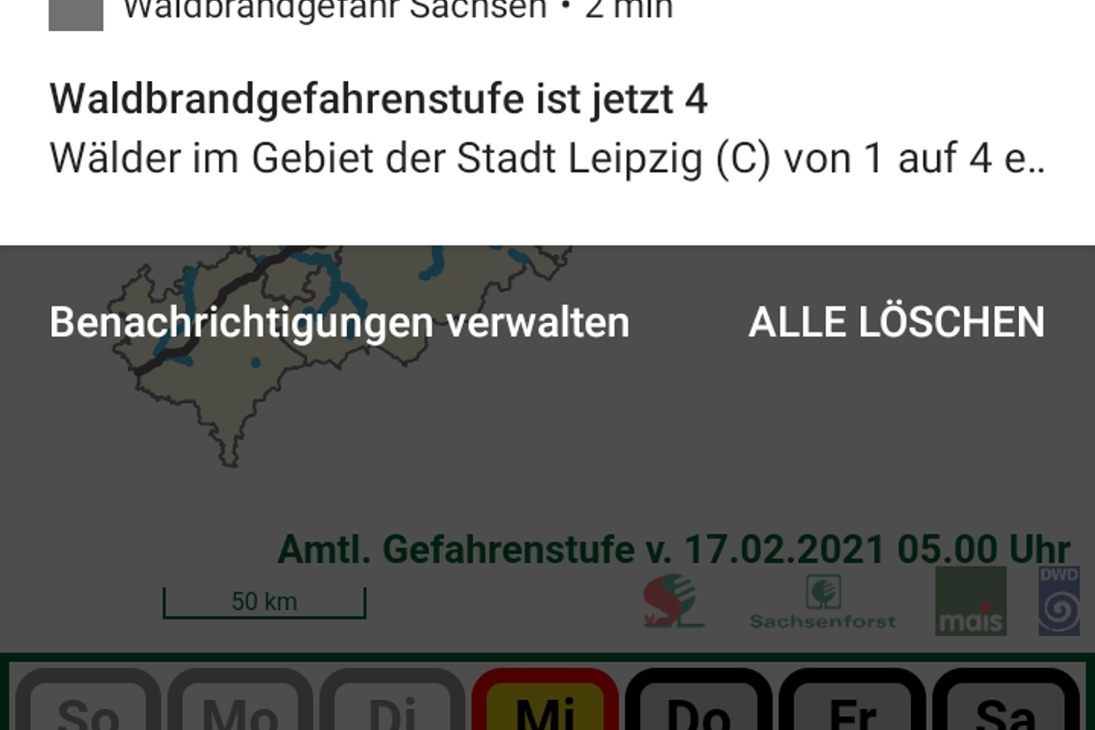 Screenshot aus der App &quot;Waldbrandgefahr in Sachsen&quot; - Push-Funktion